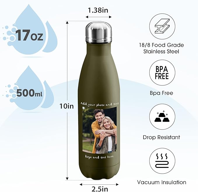 USA Custom Water Bottle, 17oz Personalized Sport Water Tumbler, Stainless Steel Material, Leak-Proof, insulation, Customizabne Name, Suitable for Travel Holiday Gift for Women - Bloomnest