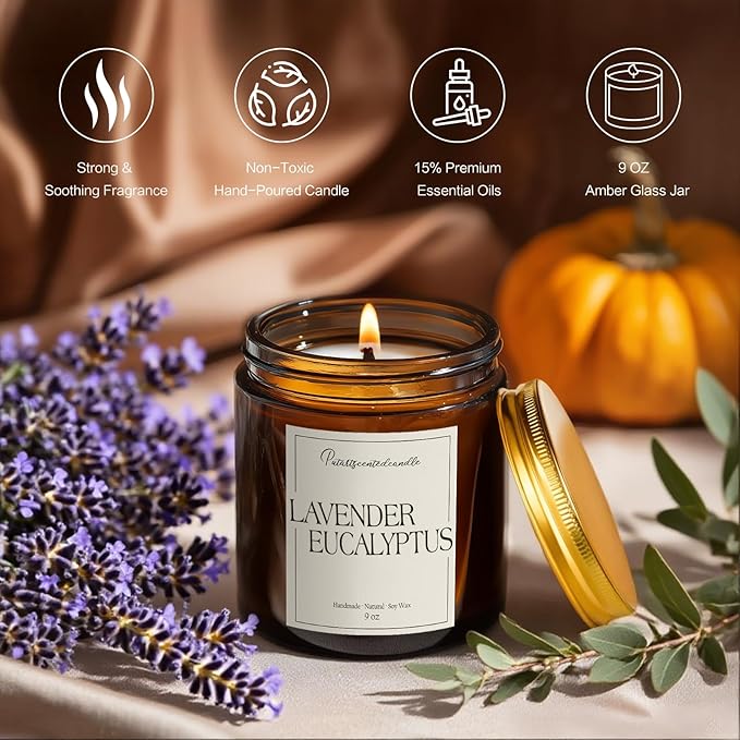 Lavender & Eucalyptus Scented Candles for Home, Natural Soy Wax Aromatherapy Non Toxic Candle Gifts for Women Men, Home Fragrance Decoration Glass Jar Candle for Meditation and Relaxation (9oz) - Bloomnest