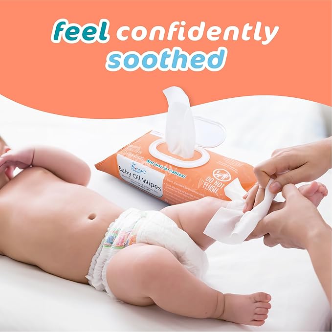 The Pharma-C Company Baby Oil Wipes. (60 Wipes) Enriched with Almond and Sunflower Oils, Aloe and Vitamin E. - Bloomnest