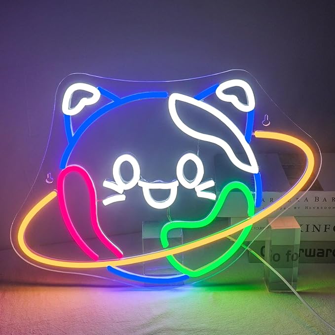 Lucunstar Planet Cat Neon Sign Cute Neon Light Signs for Wall Decor Cat LED Lights USB Connectivity Adjustable Brightness Earth Decor for Home Wall Bedroom Pet Shop Gifts for Geography Lover - Bloomnest