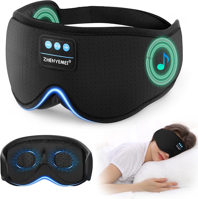3D Sleep Mask with Bluetooth Headphones, Breathable Cotton Sleeping Headphones for Side Sleepers, Wireless Music Eye Mask with Timer, Gifts for Men Women, Black - Bloomnest