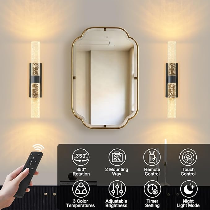 Black Battery Operated Wall Sconce Set of Two,Rechargeable Wireless Wall Lights with Remote Control,350°Rotate,3000K/4000K/6000K,Dimmable,Timer,for Bedroom,Living Room,Hallway,15.3 Inch - Bloomnest