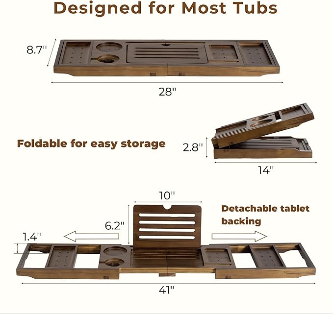 Teak Bathtub Tray, Wooden Tray Caddy for Bathtub, Luxury Bathroom Trays for Home Spa Relaxation, Teak Bathtub Caddy as Housewarming, Wedding Gifts for Women (Walnut Teak) - Bloomnest