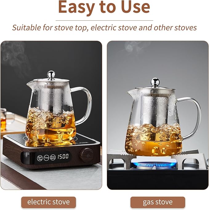 Glass Tea Pot 950ML, Borosilicate Glass Tea Kettle with Detachable Stainless Steel Infuser, Clear Teapot for Loose Leaf Tea, Blooming Tea, Tea bags 32oz - Bloomnest