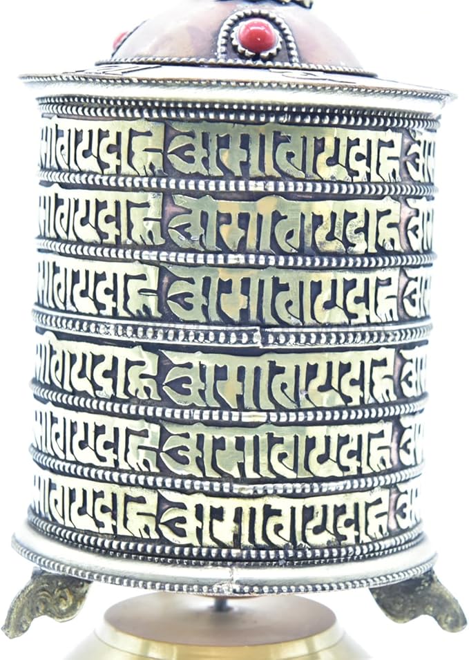 8 Inch Table Top Copper Brass Tibetan Buddhist 6 Line Matra Om mani padme hum Symbols Prayer Wheel