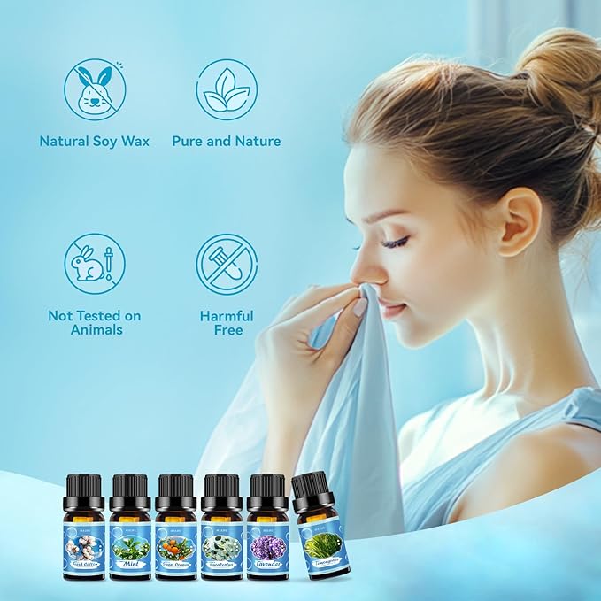 Clean Essential Oils Set for Diffuser & Candle Making | 6 Pack Premium Aromatherapy Oils Gift Set - Lavender, Eucalyptus, Mint, Sweet Orange, Lemongrass, Clean Cotton for Home, Relaxation & DIY - Bloomnest