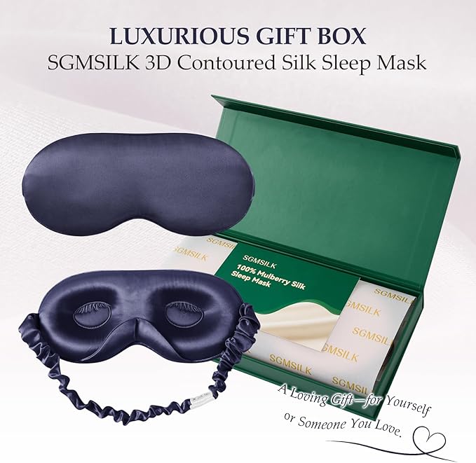 100% 22 Momme Mulberry Silk Sleep Mask with Adjustable Strap, 3D Contoured Cup Silk Eye Mask for Sleeping, Total Black Out, Navy Bule - Bloomnest