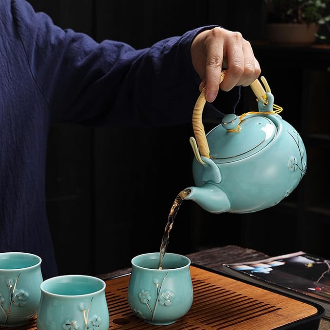 KEYDUACU Japanese Tea Set, Kiln-Formed Ceramic TeaSet, Plum Blossom Embossed, Includes 1 Teapot, 6 Teacups,Tea Tray,Strainer, Used for home, outdoor, gift, Chinese Kung Fu Tea Sets(FDMH-CYAN-MU) - Bloomnest