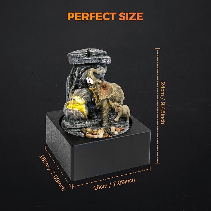 BEAMNOVA Tabletop Fountain,3 Tiered Elephant & Baby Elephant Indoor Fountains,with LED Light Water Feature for Home Office Décor