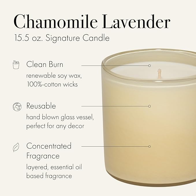 LAFCO New York Signature Candle, Chamomile Lavender - 15.5 oz - 90-Hour Burn Time - Reusable, Hand Blown Glass Vessel - Made in The USA - Bloomnest