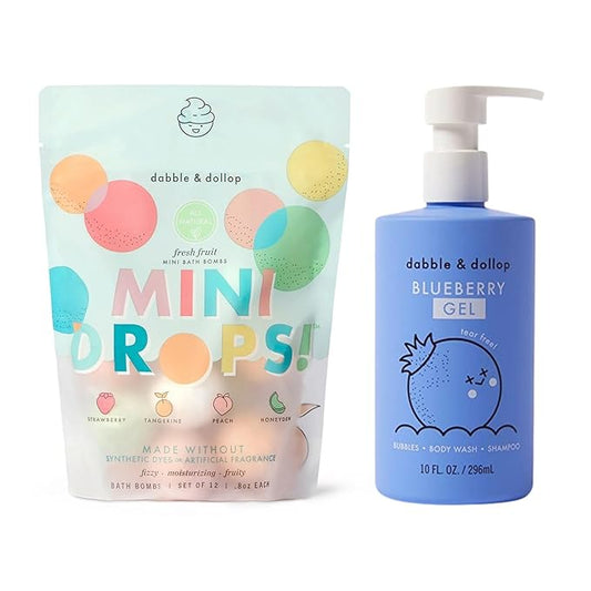 Dabble & Dollop Fresh Fruit Mini Bath Bombs & Blueberry Shampoo, Body Wash, Bubble Bath for Kids - All Natural Fruity Scents, Resealable Pouch, Vegan, Gluten-Free, Cruelty-Free (Pack of 2) - Bloomnest