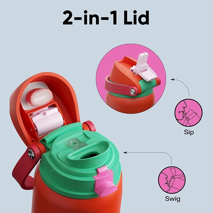Insulated Water Bottle with Straw - Encool Stainless Steel Water Bottle with Push Button Lid, Leak-Proof & BPA-Free, Keeps Cold for 24 Hours for Sports, Travel, Gym (32 oz, Grapefruit Red) ENCOOL