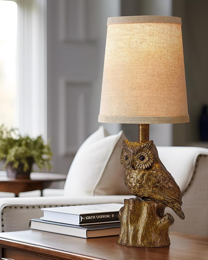 14.25" Small Table Lamp for Living Room Farmhouse Bedside Resin Single Lamp with Gold Owl Lamp Shape for Bedroom Retro Rustic Nightstand Lamp - Bloomnest