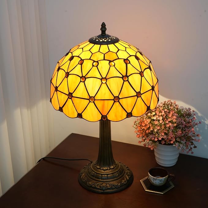 Tiffany Lamp Vintage Bead Orange Table Lamps Bedside for Bedroom Dector Stained Glass Lamps Living Room end Office Kitchen Hotel Bar Farmhouse 12 Inch Aesthetic Nightstand 70s 80s Reading Desk Light - Bloomnest