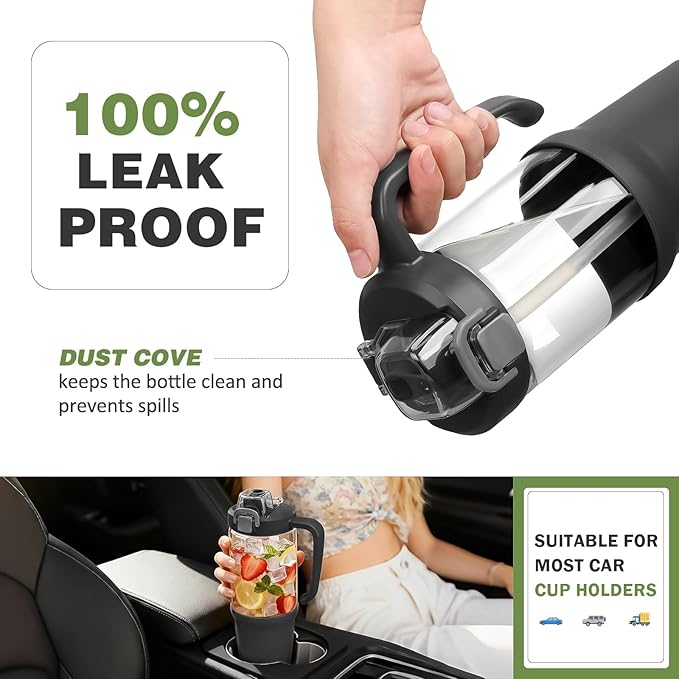 32 oz Glass Tumbler with Handle, 2-in-1 Straw and Sip Spout, Leakproof, BPA-Free Glass Water Bottle for Sports, Office, School, Black - Bloomnest