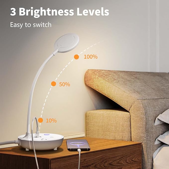Bodun LED Desk Lamp with 2 USB Charging Port and 2 AC Power Outlet - Adjustable Gooseneck, 3 Level Brightness, Eye-Caring Small White Table Lamp for Home Office College Dorm Room Essentials - Bloomnest