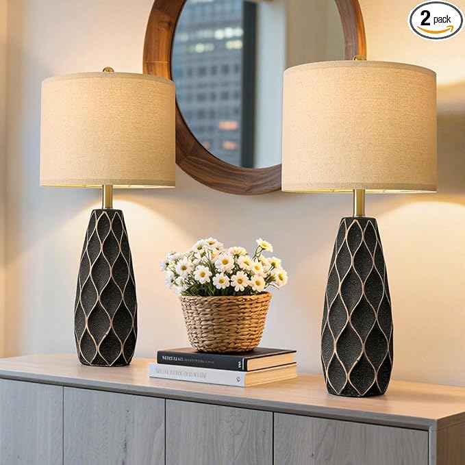 PORTRES 27.5" Ceramic Table Lamps for Bedroom Living Room Lamps Set of 2 Modern Bedside Nightstand Lamp Farmhouse Vintage Rustic Boho Retro Large Table Lamps Light Home Office Desk Deco Gifts, Black - Bloomnest