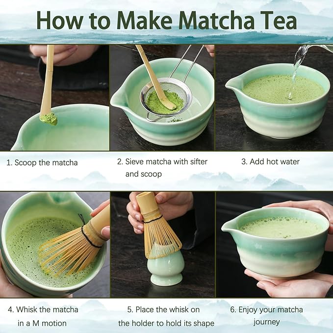 Japanese Matcha Set, Matcha Bowl with Spout, Matcha Whisk and Holder, Bamboo Matcha Scoop and Stainless Steel Sifter - 5 Pcs Gradient Green Matcha Kit for Matcha Lover - Bloomnest