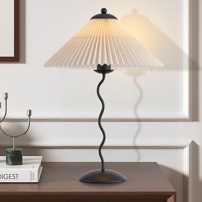 Pleated Table Lamp, S Tube Modern Table Lamp for Bedroom, Bedside Lamps with Organic Textured Linen Lampshade for Nightstand Bedroom Home Office Decor, Black - Bloomnest