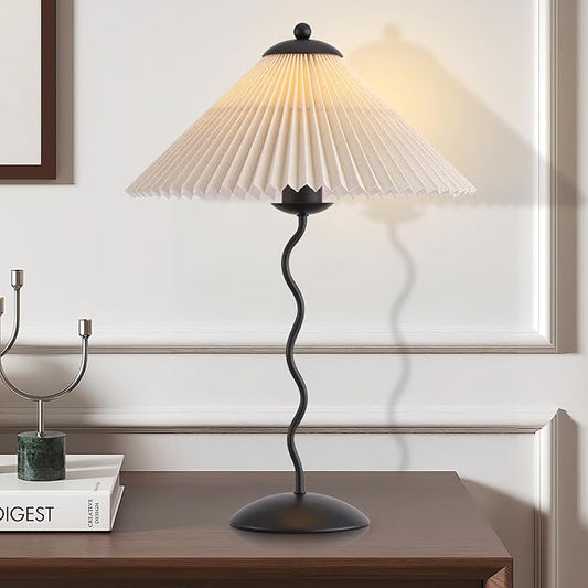 Pleated Table Lamp, S Tube Modern Table Lamp for Bedroom, Bedside Lamps with Organic Textured Linen Lampshade for Nightstand Bedroom Home Office Decor, Black - Bloomnest