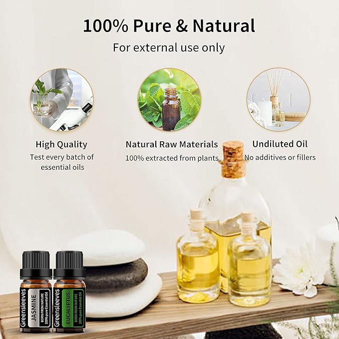 GREENSLEEVES Jasmine Eucalyptus Essential Oil Set, 2 x 10ml Pure Plant-Based Fragrance Oil for Aromatherapy, Essential Oils for Diffuser, Massage, Bath Bomb, Scented Candle Soap Making GREENSLEEVES