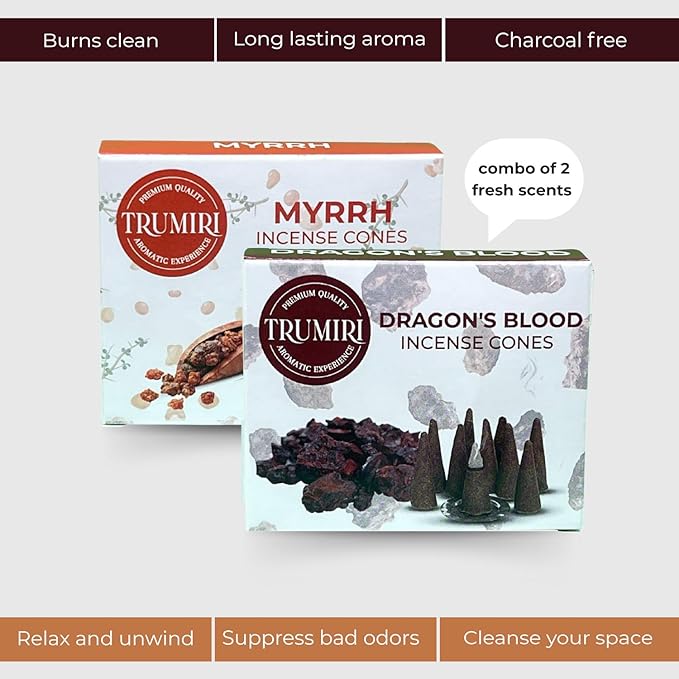 TRUMIRI Incense Cones - Combo Pack of 20 Cone Incense - 10 Myrrh + 10 Dragons Blood - Insence Cones - Incense Cones Scented - Cone Incense Scents - Insense Cones - Incent Cone TRUMIRI