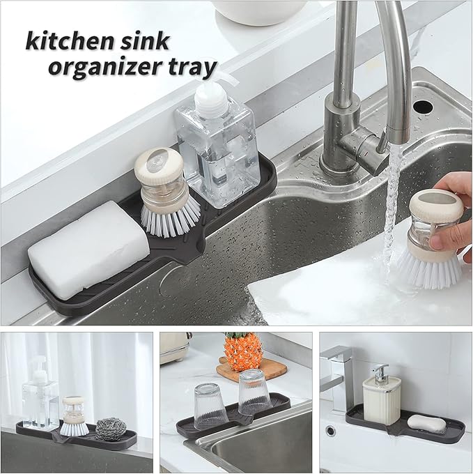 Silicone Bathroom Soap Dishes with Drain Spout-Bathroom and Kitchen Sink Organizer,Sponge Holder,Dish Soap Tray,Perfect for Dispenser,Scrubber,Bottle,Cup on Sink or Counter-Coffee 12"×4" - Bloomnest
