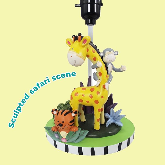 Fantasy Fields - Sunny Safari Animals Thematic Kids Table Lamp, for Girls & Boys Rooms with Printed Zebra Lampshade & Sculpted Monkey, Giraffe, & Tiger Base, Jungle Lamp for Nurseries & Baby Rooms - Bloomnest