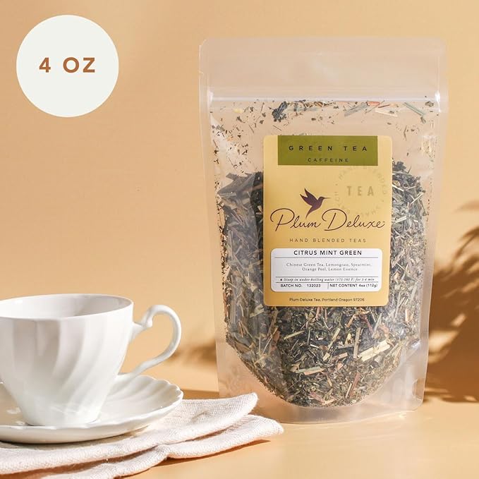Citrus Mint Green Tea – Refreshing Loose Leaf Blend with Green Tea, Orange, Lemon, Lemongrass and Spearmint – Low Caffeine – Hot or Iced – 60 to 80 Cups – No Added Sugar – Hand Crafted in USA - Plum Deluxe - Bloomnest