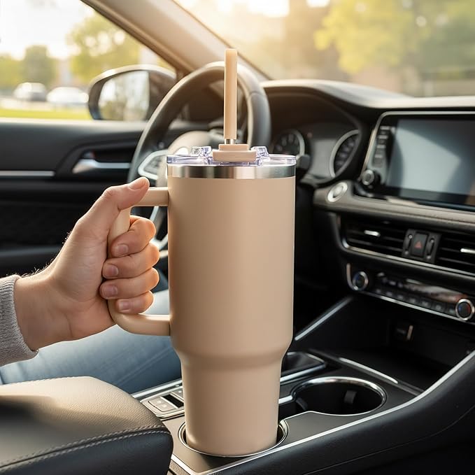 40 oz Tumbler With Handle and Straw Lid, Vacuum Insulated Travel Coffee Mug Stainless Steel Insulated Cup for Beverages, Leak-proof, Cupholder Friendly(Dark Night) - Bloomnest