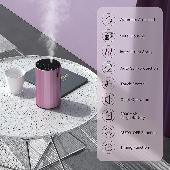 Waterless Essential Oil Diffuser Aromatherapy Scent Diffusers for Home Large Room, Bedroom, Car, Office, Desk, Battery Operated Mini Portable Air Freshener (Pink) - Bloomnest