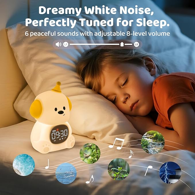 Dog Alarm Clock with Night Light for Kids with Sleep Training and Sound Machine, Rechargeable Silicone Lamp OK to Wake Clock，Cute Animal Tabletop Lamp, Perfect Sleep Companion for Boys Girls - Bloomnest