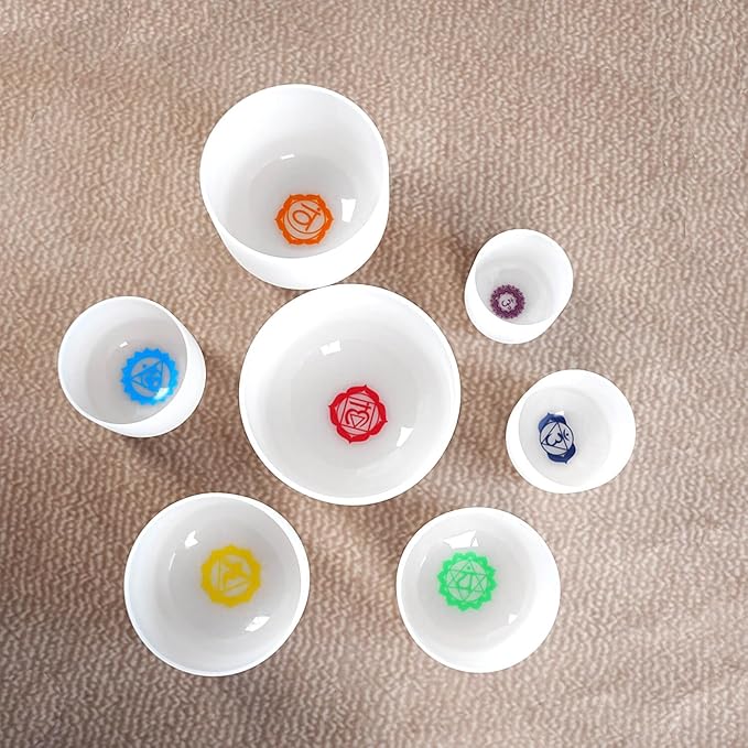 6-12inch Chakra Symbol Design 432hz Quartz Crystal Singing Bowls Set of 7, for Healing Mindfulness Meditation Yoga Sound Baths with Case Mallet Suede Striker - Bloomnest