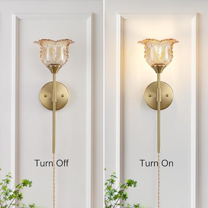 Plug in Gold Wall Sconce Set of 2 with Amber Glass Shades, Modern Mid Century Bathroom Vanity, Wall Light Fixtures, Brushed Brass Wall Lamp, for Bedroom Mirror Living Room, ETL Listed - Bloomnest