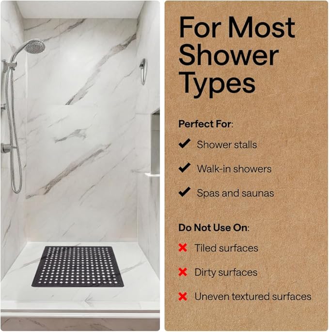 GORILLA GRIP Patented Square Shower Stall Mat, Small Bathtub Floor Mats for Stand Up Showers, Suction Cups and Drain Holes, Machine Wash, Soft on Feet, Bathroom Accessories 21x21 Inch, Charcoal Opaque - Bloomnest