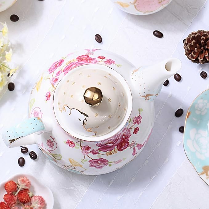 Tea Pot Bone China Floral Design Vintage Teapot Loose Tea Women and Tea lovers 850 ml about 4 Cups Gift Box - Bloomnest