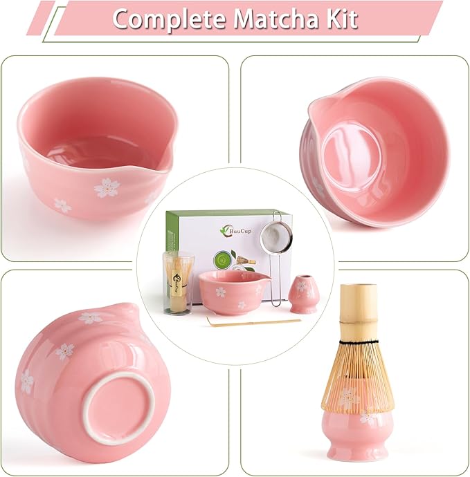 Matcha Whisk Set, Matcha Bowl with Spout, Matcha Whisk and Holder, Bamboo Matcha Scoop and Stainless Sifter，Ceramic Matcha Bowl Set (Pink) - Bloomnest