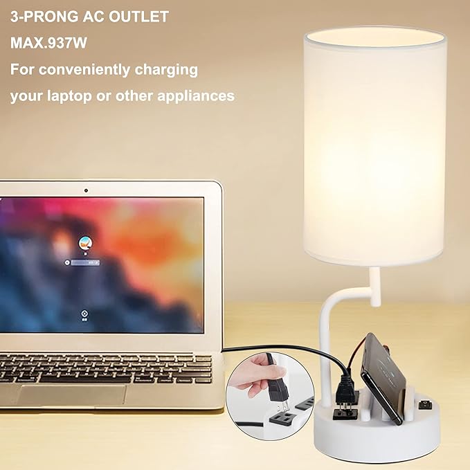 Dreamholder Table Lamp with 3 USB Charging Ports, Modern Desk Lamp with AC Outlet and Phone Stands, Perfect Bedside Lamp for Bedroom, Living Room, Office (Pack of 2), White - Bloomnest