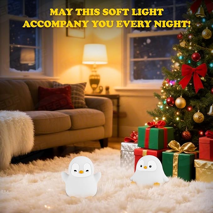 UNEEDE Standing Penguin Night Light with Detachable Bunny Hat - Rechargeable Silicone Touch Lamp, 2-Level Dimmable, 20-Min Timer, Nursery Decor for Kids & Holiday Gifts - Bloomnest