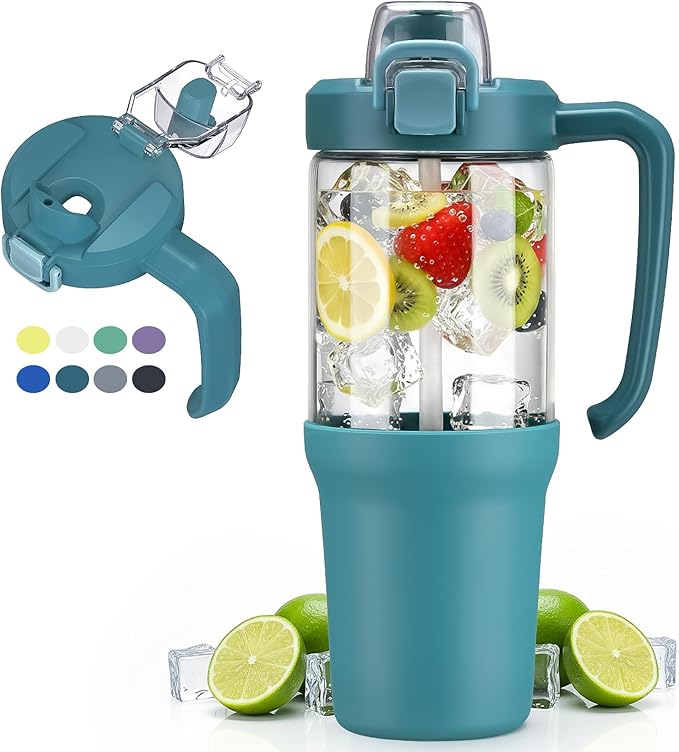 32 oz Glass Tumbler with Handle, 2-in-1 Straw and Sip Spout, Leakproof, BPA-Free Glass Water Bottle for Sports, Office, School, Peacock Blue - Bloomnest