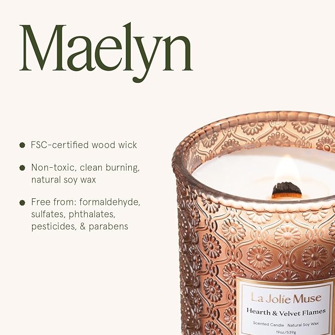 LA JOLIE MUSE Christmas Candles | Hearth & Velvet Flames | Saffron, Clove & Vanilla | 19 oz Large Wooden Wick Soy Candle | 90-Hour Clean Burn | Holiday Candle Gift | Gift-Ready for Hosts & Festive Gat - Bloomnest