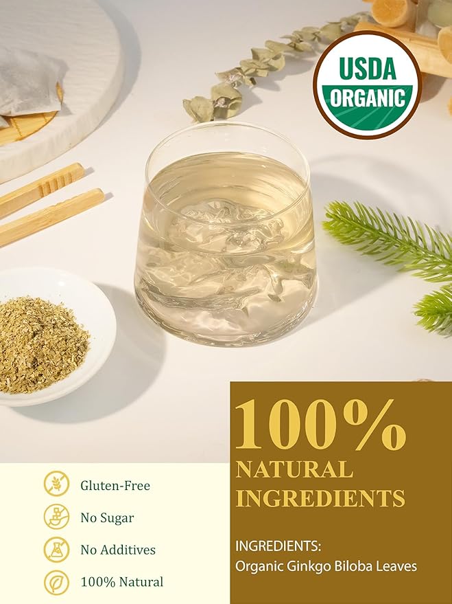 GLDNT Organic Ginkgo Biloba Tea, Dried Ginkgo Biloba Leaves, Mild & Smooth Flavor, Caffeine Free, 100 Count - Bloomnest