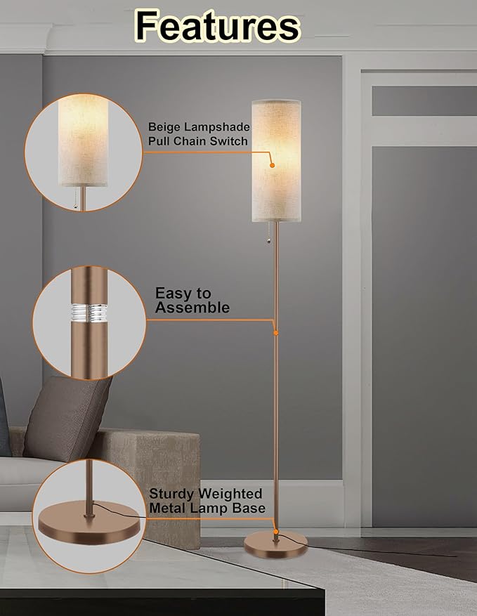 Floor Lamp for Living Room, Modern Standing Lamps with Lampshade, Minimalist Tall Lamp with Chain Switch for Living Room, LED Bulb Included (Beige+Brown) - Bloomnest