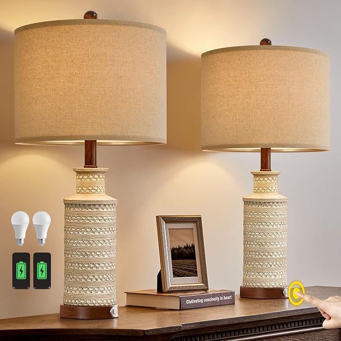 BOBOMOMO 24.5'' 3-Way Dimmable Touch Control Table Lamp Set of 2 with Dual USB Charging Ports for Bedroom Living Room Vintage Rustic Farmhouse Traditional Nightstand Bedside Lamps(Bulbs Included) - Bloomnest