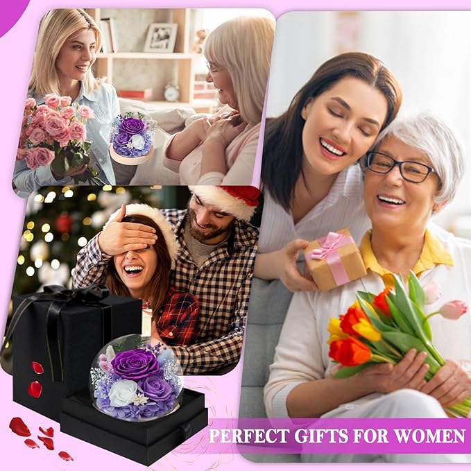 FIACO Valentines Day Gifts for Her Preserved Rose Forever Fresh Flowers for Delivery Birthday Flowers Gifts for Women Mom Grandma Wife Friends Purple Eternal Roses in Glass Dome - Bloomnest