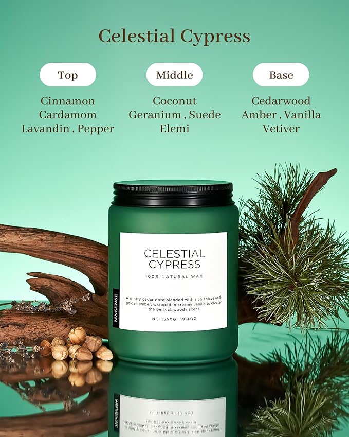 M&SENSE Celestial Cypress - Cedar & Spice Soy Jar Candles, Cedarwood Cardamom Large Winter Scented Candles 19.4oz 110 Hour Long Lasting Burn, Non Toxic Natural Warm Woody Scent Gifts for Men Women - Bloomnest