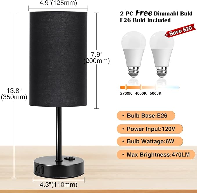 ZJOJO Table Lamp for Bedroom Set of 2, Bedside Small Lamps with 3 Way Dimmable Rocker Switch and AC Outlet, Nightstand Desk Lamp with Black Fabric Shade Black Base for Living Room Home Decor Lights - Bloomnest