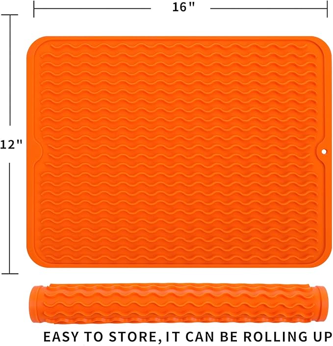 Silicone Dish Drying Mat for Multiple Usage,Easy clean,Eco-friendly,Heat-resistant Silicone Mat for Kitchen Counter or Sink,Refrigerator or drawer liner Orange L 16 inches x 12 inches - Bloomnest