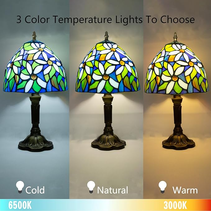 Small Stained Glass Lamp,8 Inch White Flower Tiffany Style Table Lamp for Bedside, Living Room - Bloomnest