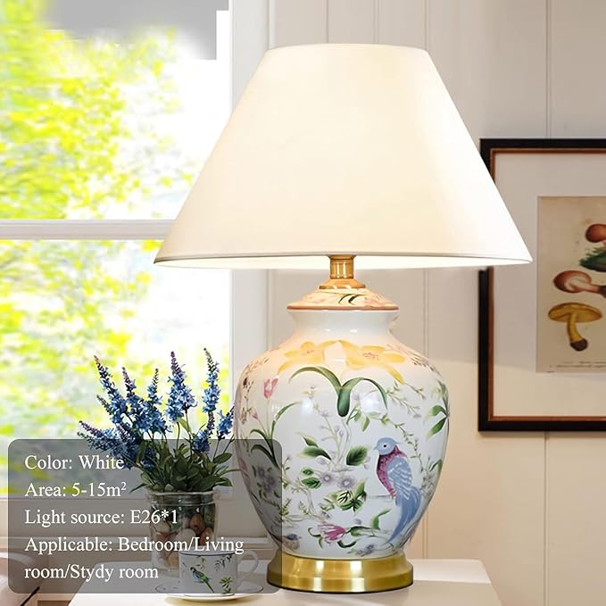 22.44' Flower and Bird Ceramic Table Lamp - White Chinoiserie Design for Bedroom, Living Room and More - Bloomnest